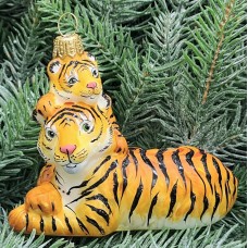 Стеклянная елочная игрушка Тигрица с тигренком большая