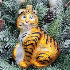 Стеклянная елочная игрушка Тигр на камне