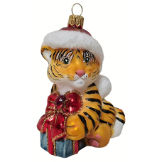 Стеклянная елочная игрушка Тигр с подарком-2