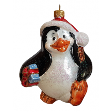 Стеклянная елочная игрушка Пингвин с подарком